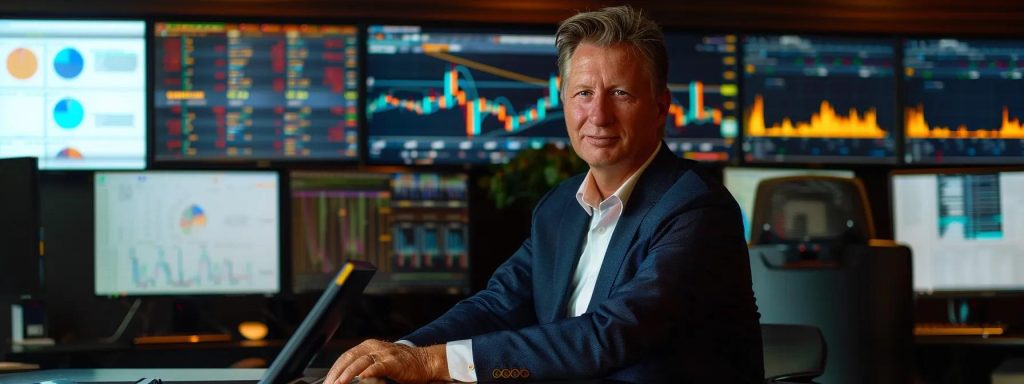 a confident mortgage broker sits at a sleek, modern office desk, surrounded by floating screens displaying complex financial data and mortgage options, conveying professionalism and clarity in guiding clients through their loan decisions.