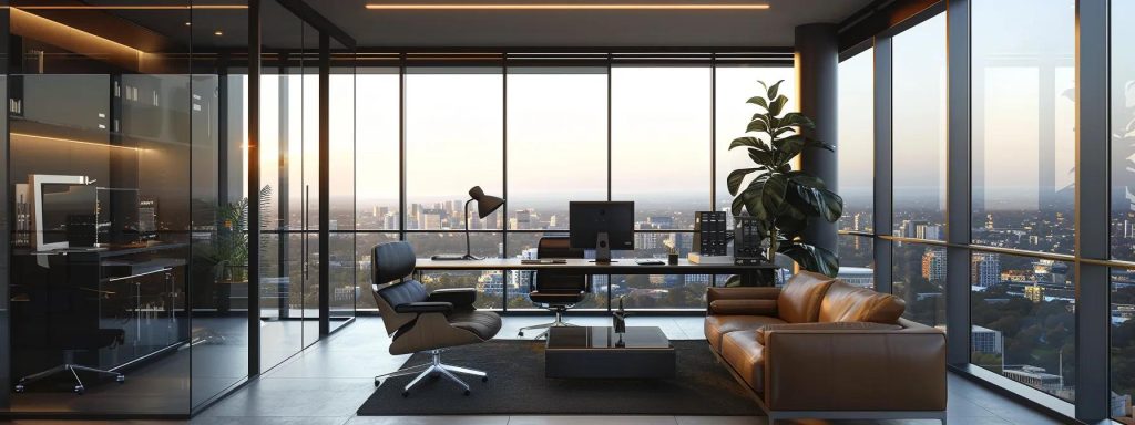 a polished and modern office setting in melbourne, featuring a confident mortgage broker engaging with clients, surrounded by professional financial charts and sleek furniture that emphasise a commitment to personalised service and transparency.