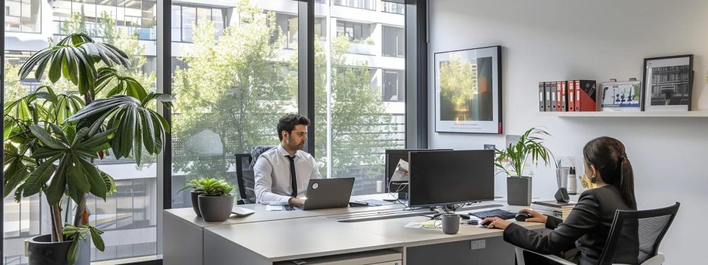 a professional mortgage broker's office in melbourne, featuring a sleek, modern desk and sophisticated digital tools, with an engaged client consulting over home loan options in a well-lit, contemporary setting that exudes trust and expertise.