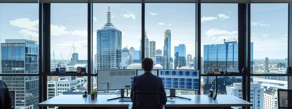 a sleek, modern office environment showcasing a focused mortgage broker engaged in a detailed one-on-one consultation with a homebuyer, surrounded by digital displays of personalised mortgage strategies and vibrant cityscape views of melbourne through large windows.
