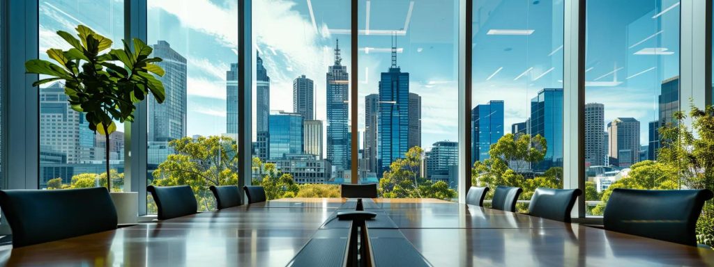 a sleek, modern office space in melbourne featuring a polished conference table surrounded by professional mortgage brokers engaged in a dynamic discussion, with city skyline views visible through large windows, reflecting their expertise and commitment to personalised customer service in the mortgage industry.