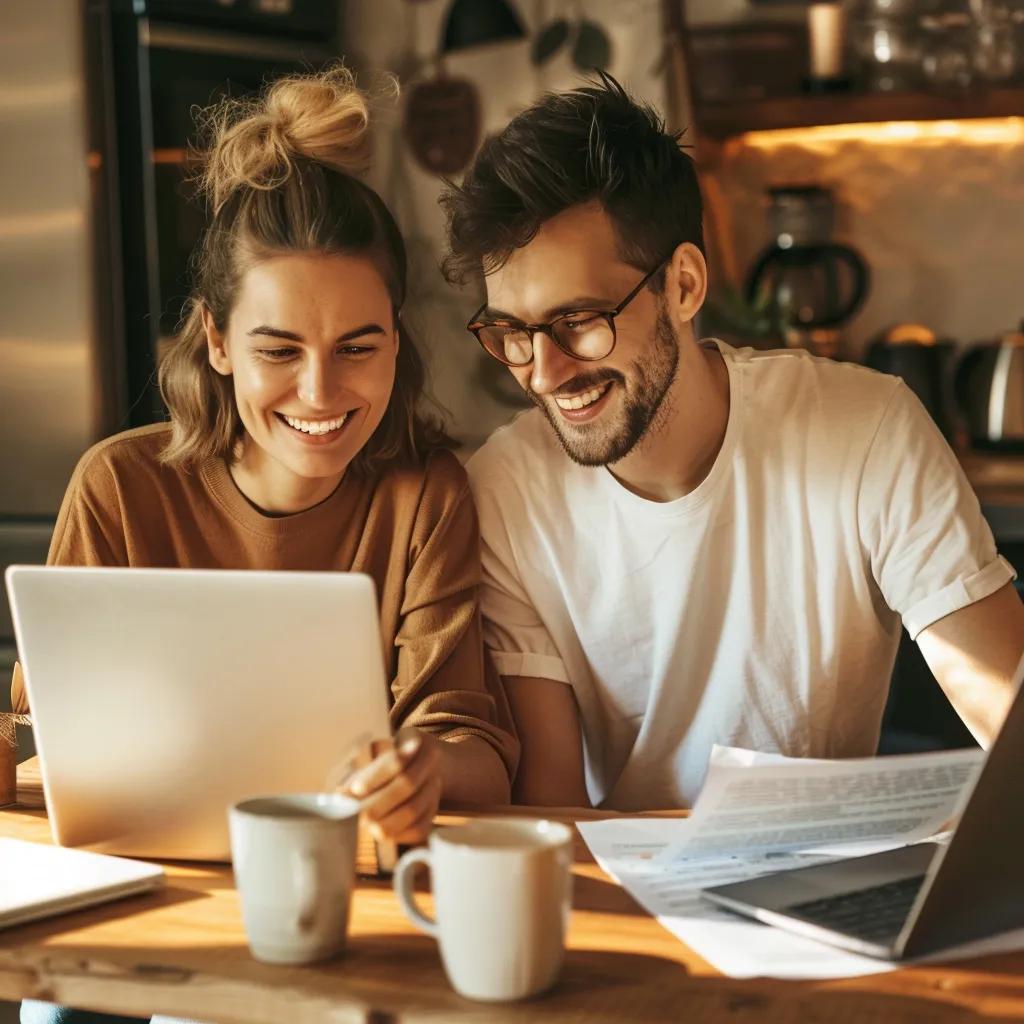 Young couple excitedly reviewing home loan documents at a kitchen table, illustrating the advantages of family guarantee loans
