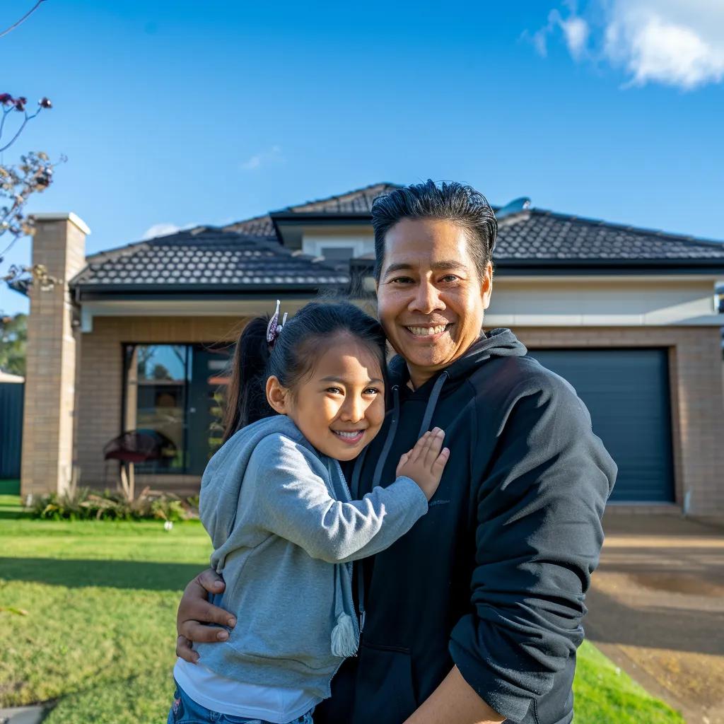 Happy family celebrating in front of their new home in Melbourne, symbolizing the dream of homeownership