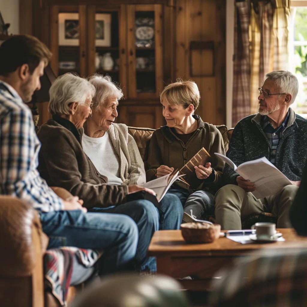 Family members discussing financial support for a home loan in a comfortable living room setting, highlighting the guarantor's role