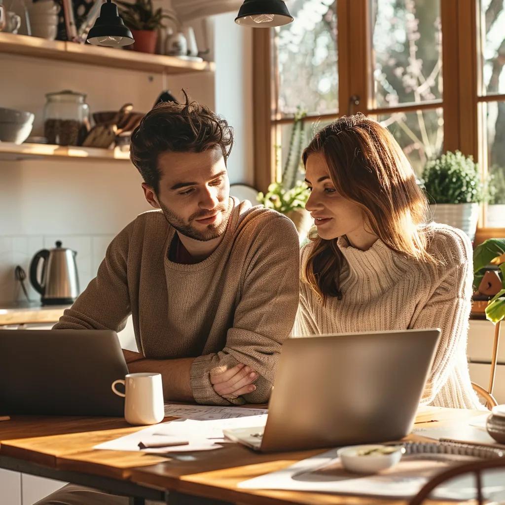 Young couple discussing affordable home loans in a cozy kitchen setting