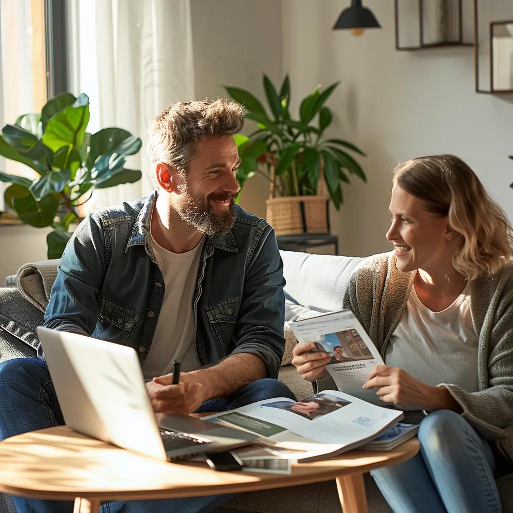 Couple discussing property investment loans in a cozy living room