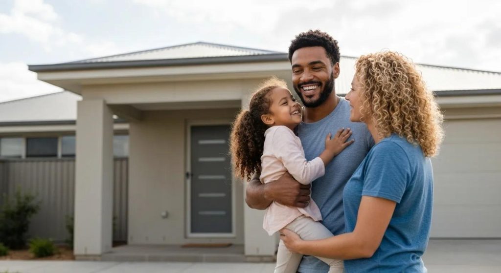 Parent and child in front of a new home, illustrating the concept of a guarantor home loan