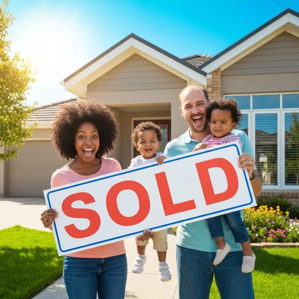 A happy family celebrating outside their new home with a 'Sold' sign proudly displayed