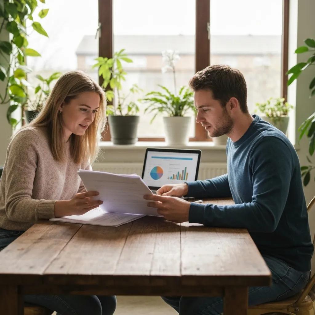 A couple reviewing financial documents and property investment plans, focusing on achieving positive cash flow.