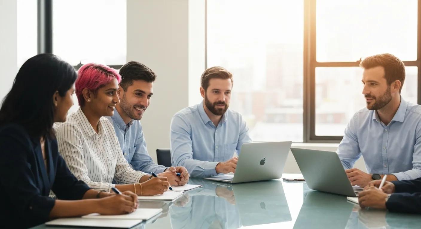 A diverse group of people collaborating around a table, discussing property investment opportunities in a modern Melbourne setting.