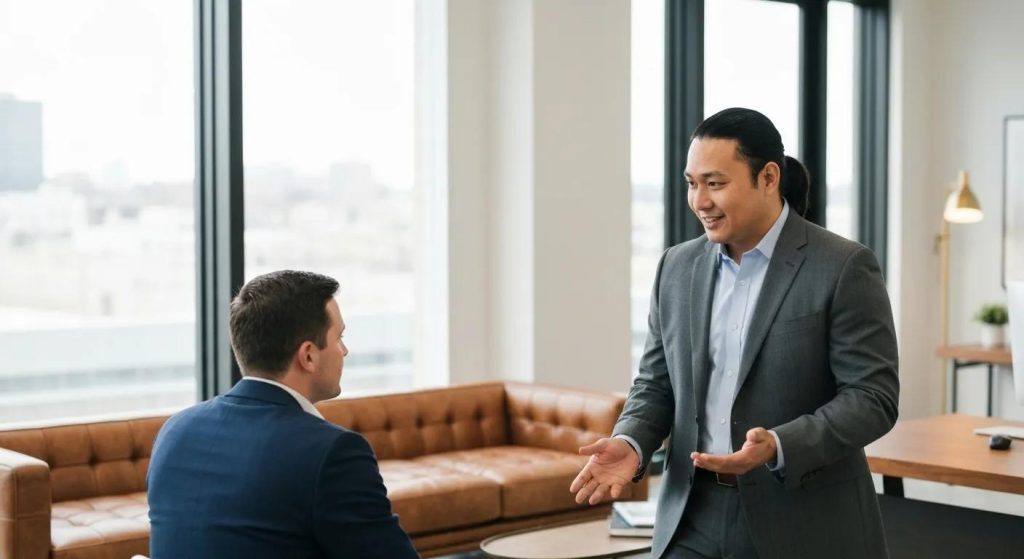 A financial advisor is explaining refinancing options to a client in a comfortable and professional office setting.