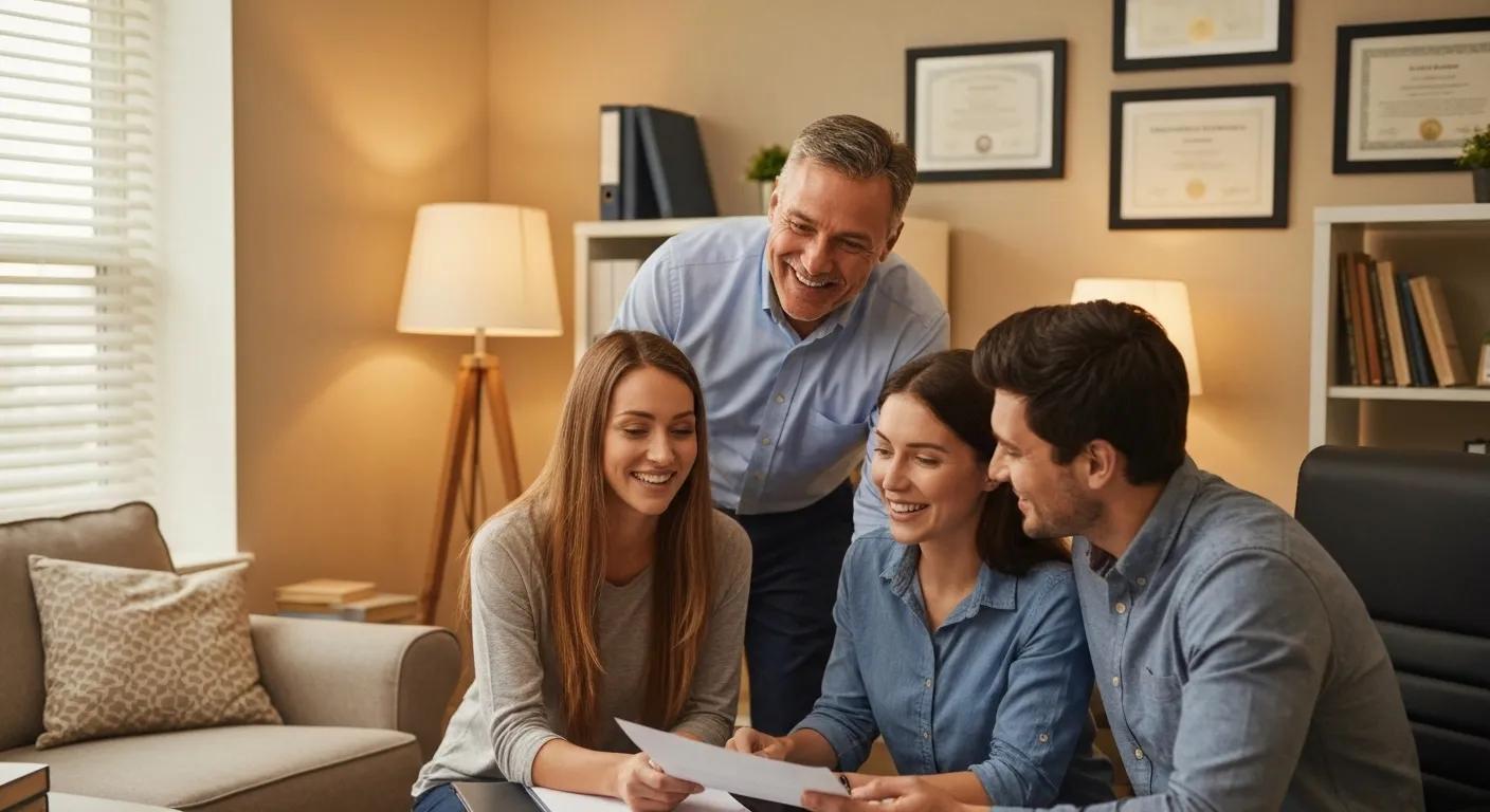 Friendly mortgage broker assisting a couple with home loan options in a cozy office