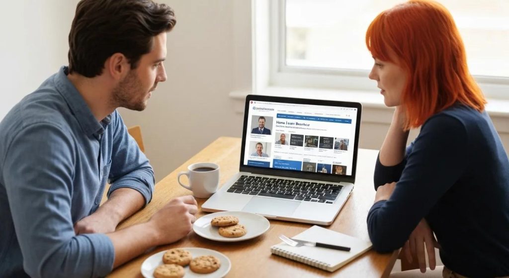 Couple researching home loan brokers at a dining table with a laptop