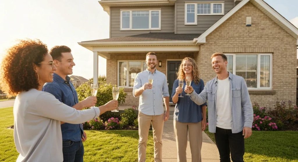 Happy homeowners celebrating with a mortgage broker in front of their new home